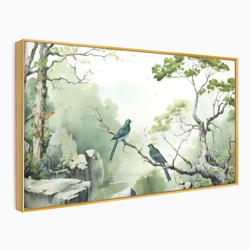 Tablou Canvas Premium, LuxCanva® M1050, Meditatie in Verde si Gri, Pasari, Pietre, Copaci, Munte, Meditatie, Liniste, Ceata, Zen, Natura, Peisaj, Birou, Living, Camera Copil