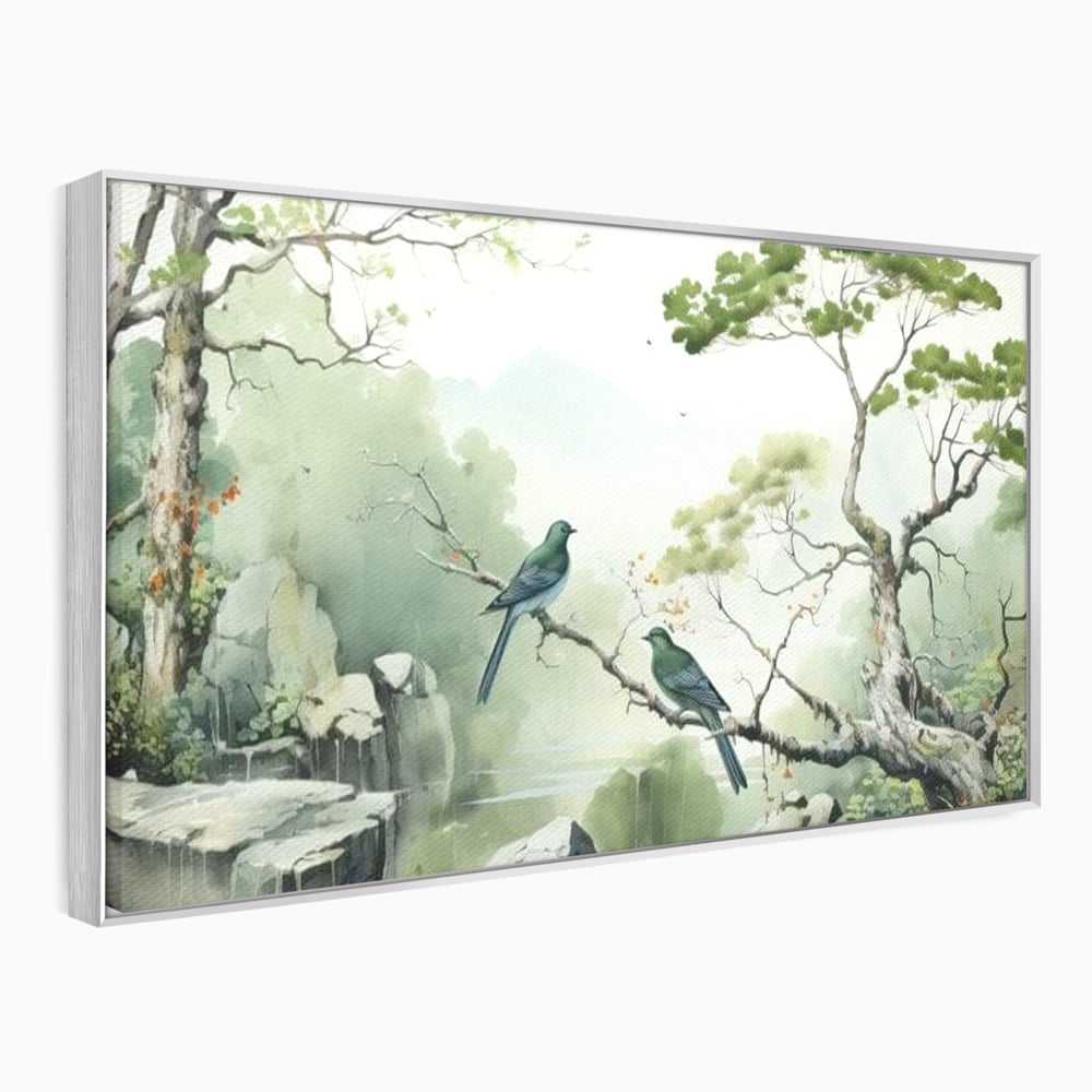 Tablou Canvas Premium, LuxCanva® M1050, Meditatie in Verde si Gri, Pasari, Pietre, Copaci, Munte, Meditatie, Liniste, Ceata, Zen, Natura, Peisaj, Birou, Living, Camera Copil