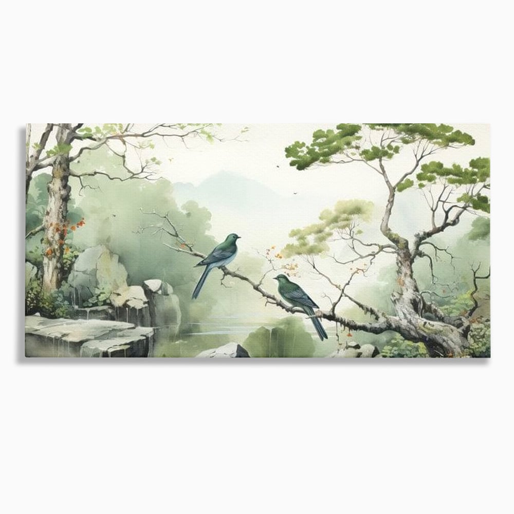 Tablou Canvas Premium, LuxCanva® M1050, Meditatie in Verde si Gri, Pasari, Pietre, Copaci, Munte, Meditatie, Liniste, Ceata, Zen, Natura, Peisaj, Birou, Living, Camera Copil
