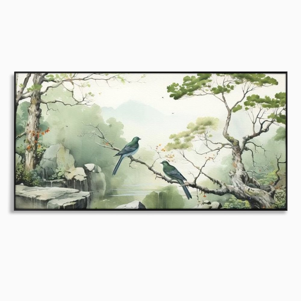 Tablou Canvas Premium, LuxCanva® M1050, Meditatie in Verde si Gri, Pasari, Pietre, Copaci, Munte, Meditatie, Liniste, Ceata, Zen, Natura, Peisaj, Birou, Living, Camera Copil
