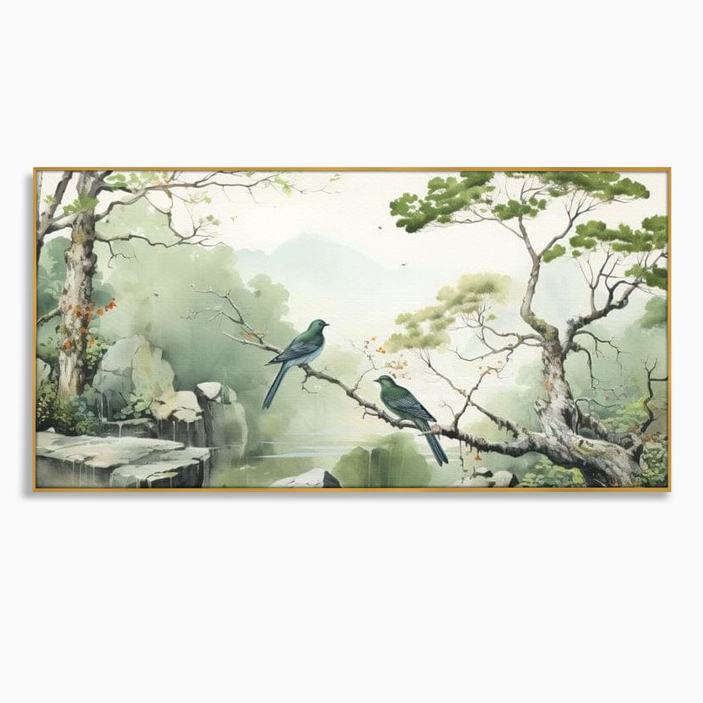 Tablou Canvas Premium, LuxCanva® M1050, Meditatie in Verde si Gri, Pasari, Pietre, Copaci, Munte, Meditatie, Liniste, Ceata, Zen, Natura, Peisaj, Birou, Living, Camera Copil