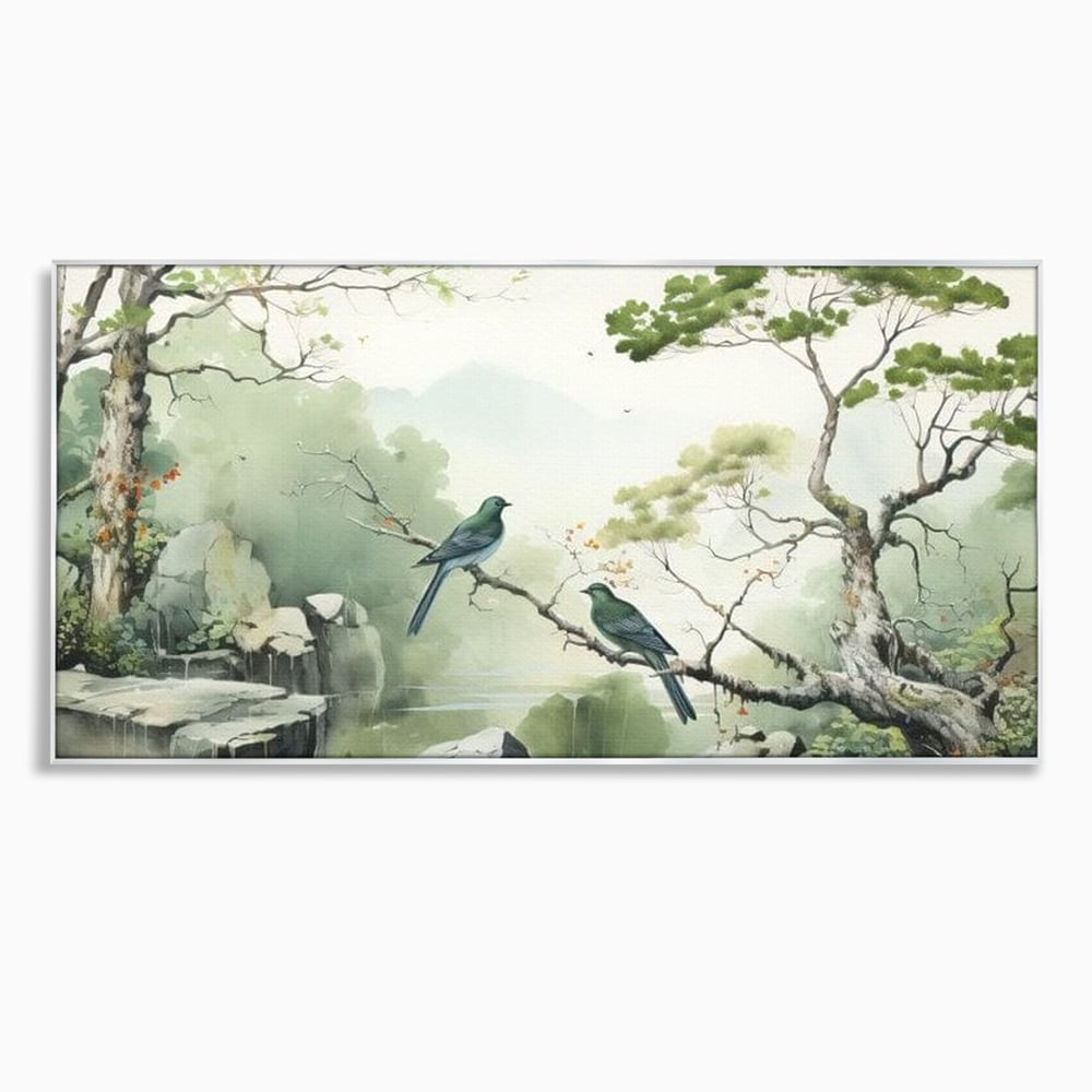 Tablou Canvas Premium, LuxCanva® M1050, Meditatie in Verde si Gri, Pasari, Pietre, Copaci, Munte, Meditatie, Liniste, Ceata, Zen, Natura, Peisaj, Birou, Living, Camera Copil