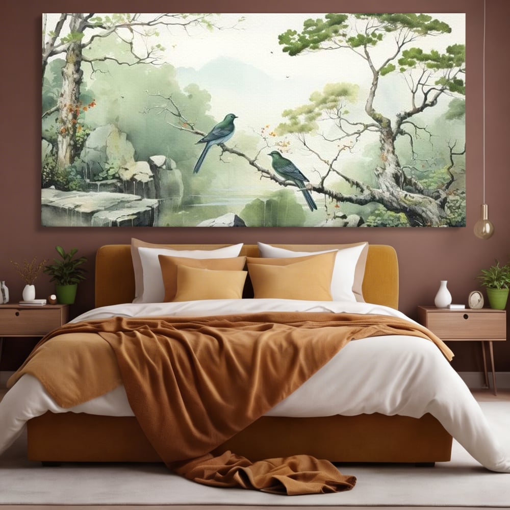 Tablou Canvas Premium, LuxCanva® M1050, Meditatie in Verde si Gri, Pasari, Pietre, Copaci, Munte, Meditatie, Liniste, Ceata, Zen, Natura, Peisaj, Birou, Living, Camera Copil