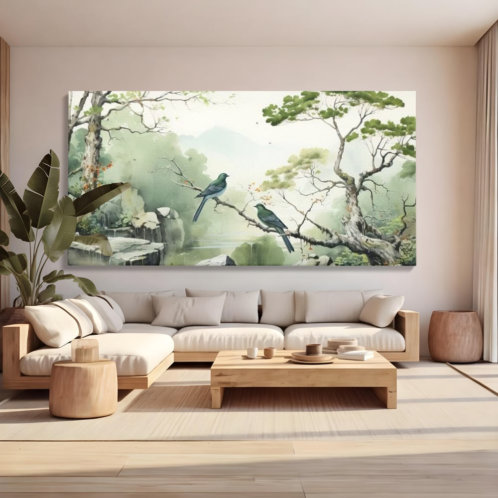 Tablou Canvas Premium, LuxCanva® M1050, Meditatie in Verde si Gri, Pasari, Pietre, Copaci, Munte, Meditatie, Liniste, Ceata, Zen, Natura, Peisaj, Birou, Living, Camera Copil