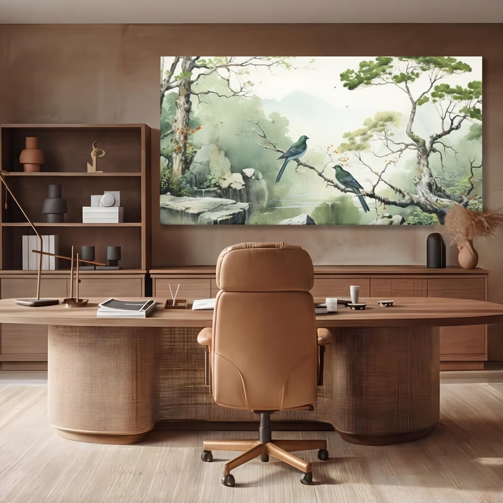 Tablou Canvas Premium, LuxCanva® M1050, Meditatie in Verde si Gri, Pasari, Pietre, Copaci, Munte, Meditatie, Liniste, Ceata, Zen, Natura, Peisaj, Birou, Living, Camera Copil