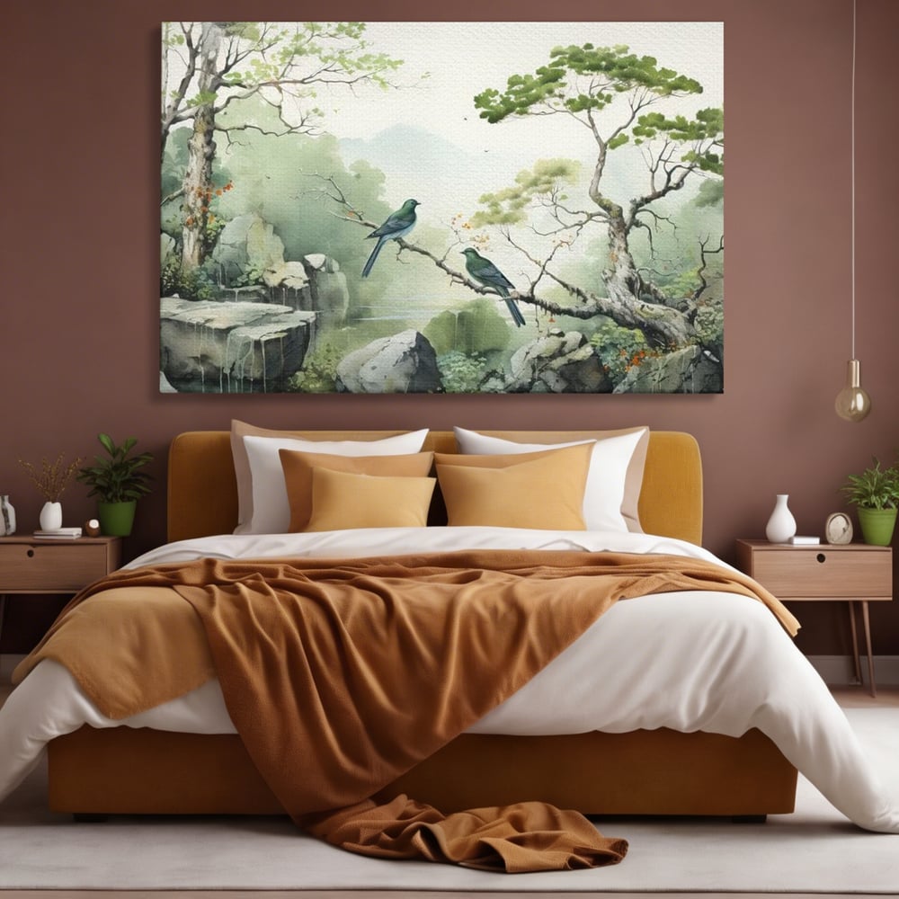 Tablou Canvas Premium, LuxCanva® M1050, Meditatie in Verde si Gri, Pasari, Pietre, Copaci, Munte, Meditatie, Liniste, Ceata, Zen, Natura, Peisaj, Birou, Living, Camera Copil