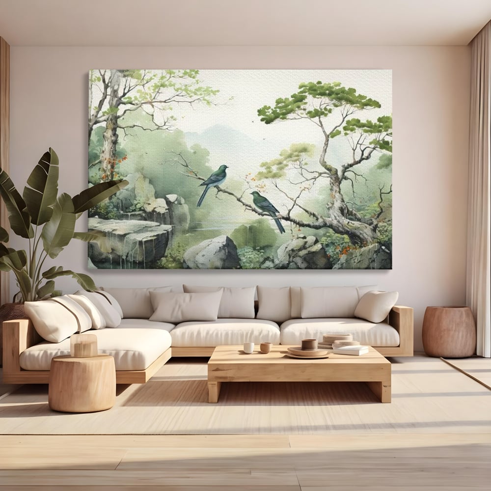 Tablou Canvas Premium, LuxCanva® M1050, Meditatie in Verde si Gri, Pasari, Pietre, Copaci, Munte, Meditatie, Liniste, Ceata, Zen, Natura, Peisaj, Birou, Living, Camera Copil