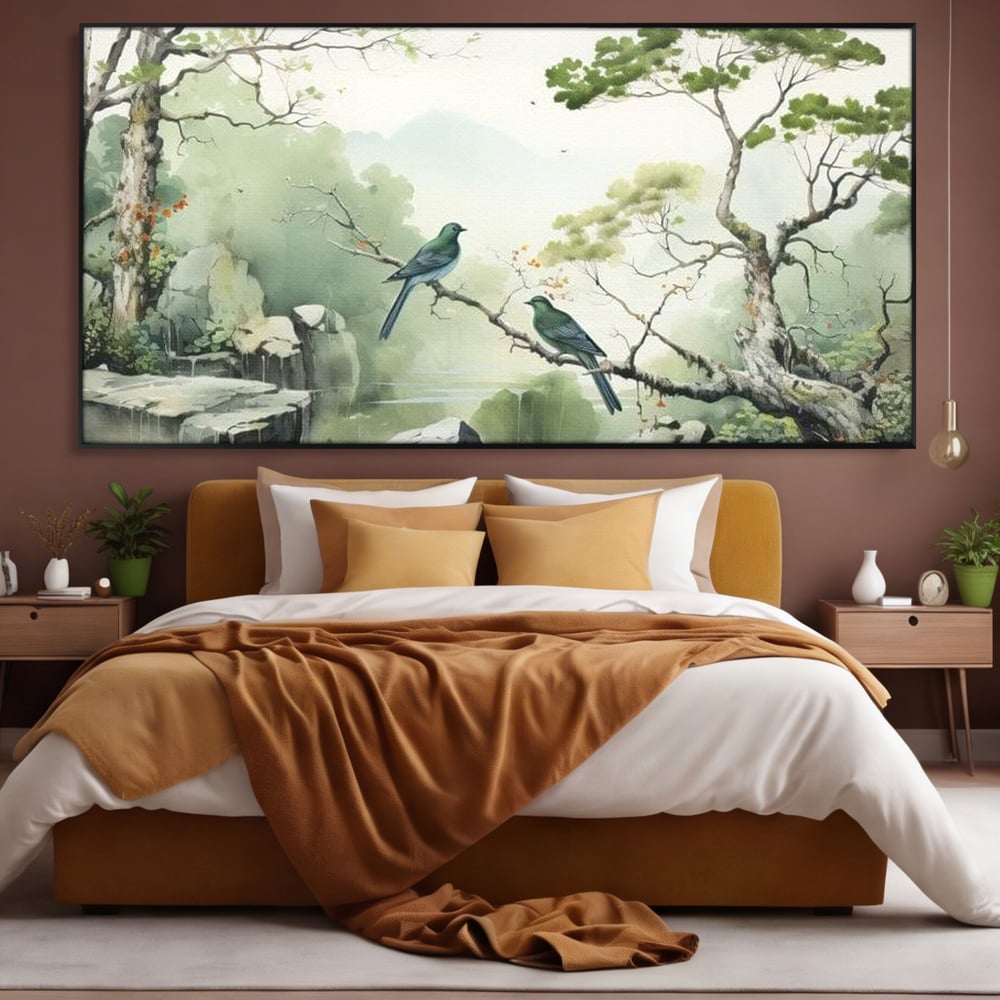 Tablou Canvas Premium, LuxCanva® M1050, Meditatie in Verde si Gri, Pasari, Pietre, Copaci, Munte, Meditatie, Liniste, Ceata, Zen, Natura, Peisaj, Birou, Living, Camera Copil