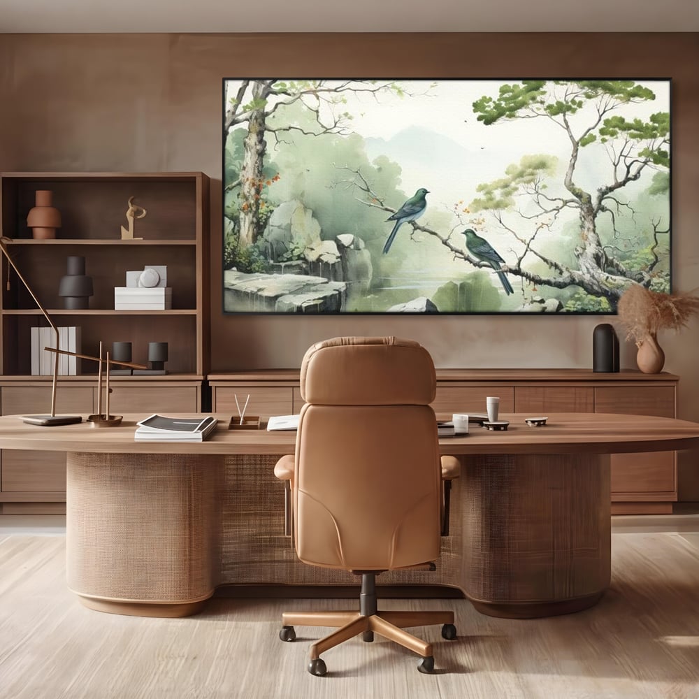 Tablou Canvas Premium, LuxCanva® M1050, Meditatie in Verde si Gri, Pasari, Pietre, Copaci, Munte, Meditatie, Liniste, Ceata, Zen, Natura, Peisaj, Birou, Living, Camera Copil
