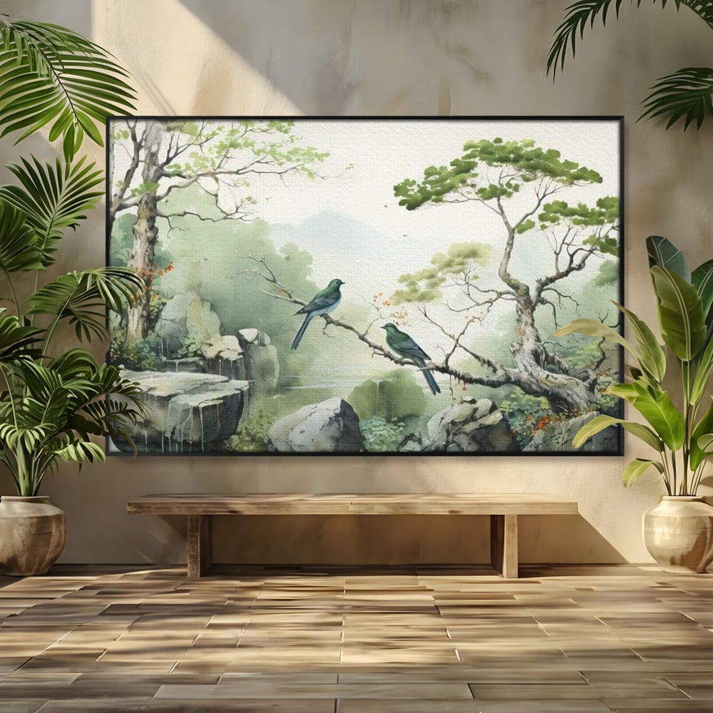 Tablou Canvas Premium, LuxCanva® M1050, Meditatie in Verde si Gri, Pasari, Pietre, Copaci, Munte, Meditatie, Liniste, Ceata, Zen, Natura, Peisaj, Birou, Living, Camera Copil