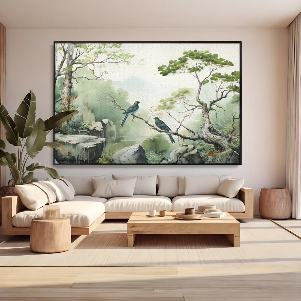 Tablou Canvas Premium, LuxCanva® M1050, Meditatie in Verde si Gri, Pasari, Pietre, Copaci, Munte, Meditatie, Liniste, Ceata, Zen, Natura, Peisaj, Birou, Living, Camera Copil