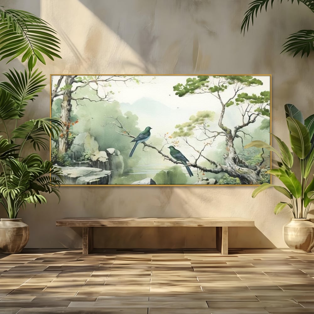 Tablou Canvas Premium, LuxCanva® M1050, Meditatie in Verde si Gri, Pasari, Pietre, Copaci, Munte, Meditatie, Liniste, Ceata, Zen, Natura, Peisaj, Birou, Living, Camera Copil