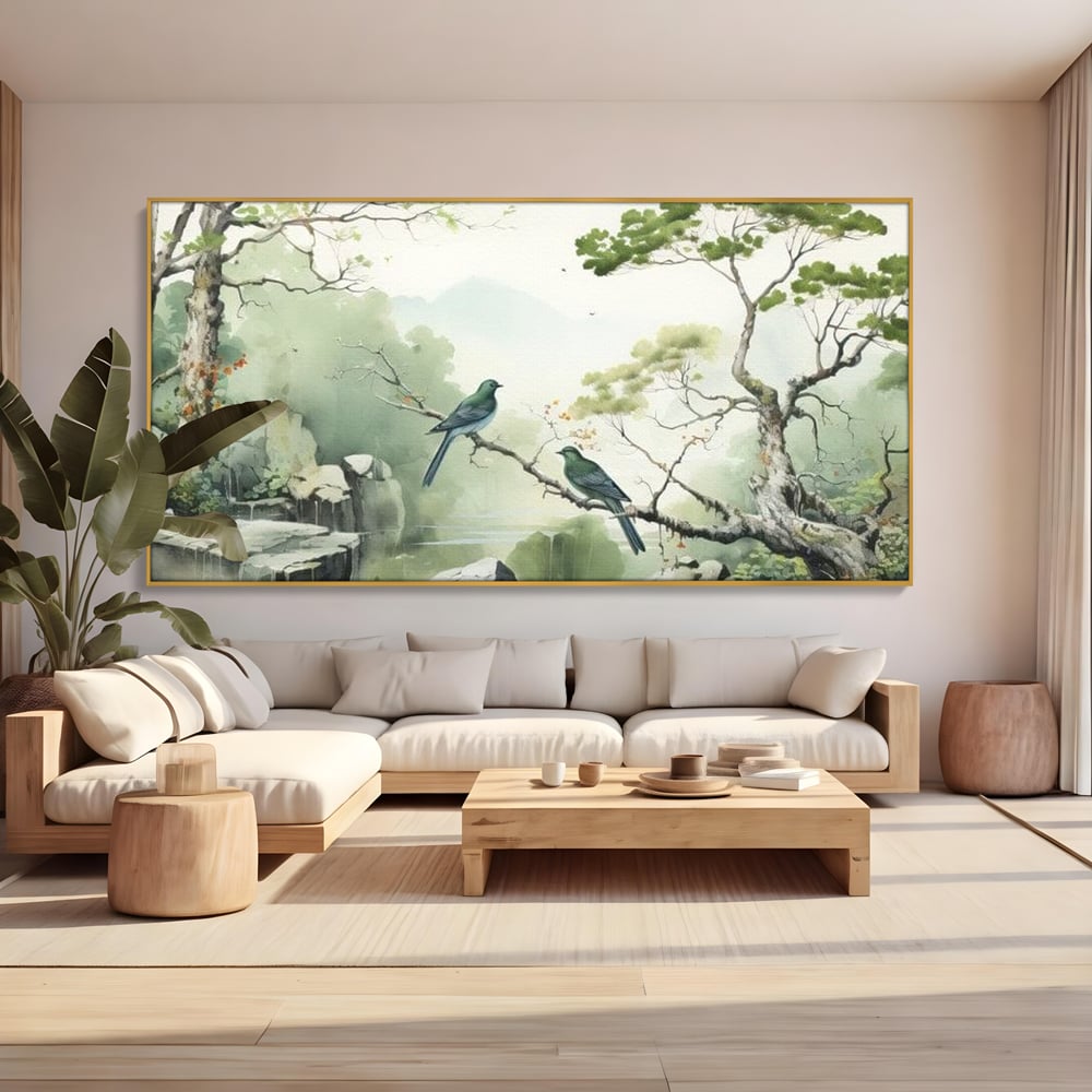 Tablou Canvas Premium, LuxCanva® M1050, Meditatie in Verde si Gri, Pasari, Pietre, Copaci, Munte, Meditatie, Liniste, Ceata, Zen, Natura, Peisaj, Birou, Living, Camera Copil