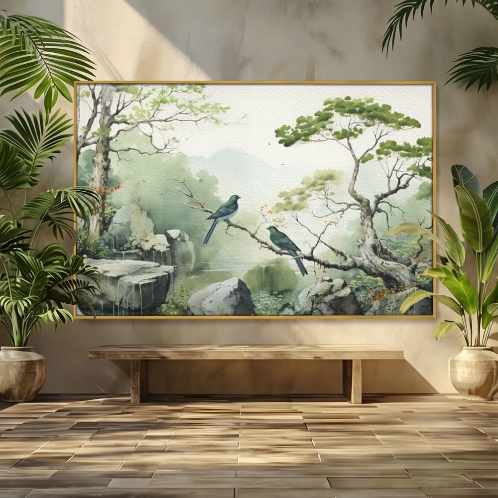 Tablou Canvas Premium, LuxCanva® M1050, Meditatie in Verde si Gri, Pasari, Pietre, Copaci, Munte, Meditatie, Liniste, Ceata, Zen, Natura, Peisaj, Birou, Living, Camera Copil