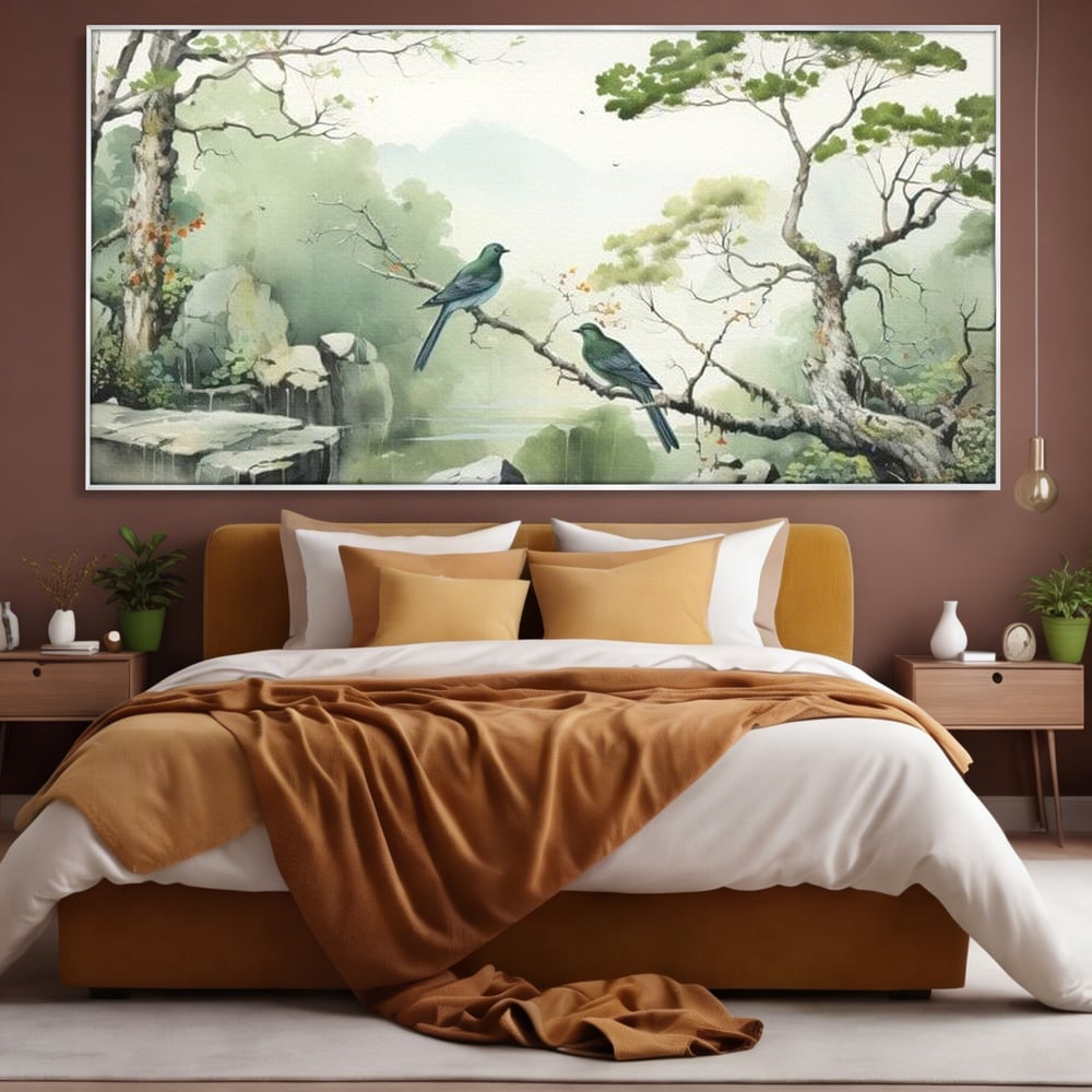 Tablou Canvas Premium, LuxCanva® M1050, Meditatie in Verde si Gri, Pasari, Pietre, Copaci, Munte, Meditatie, Liniste, Ceata, Zen, Natura, Peisaj, Birou, Living, Camera Copil