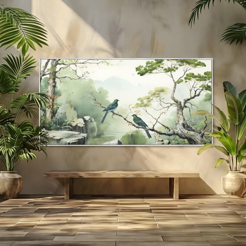 Tablou Canvas Premium, LuxCanva® M1050, Meditatie in Verde si Gri, Pasari, Pietre, Copaci, Munte, Meditatie, Liniste, Ceata, Zen, Natura, Peisaj, Birou, Living, Camera Copil
