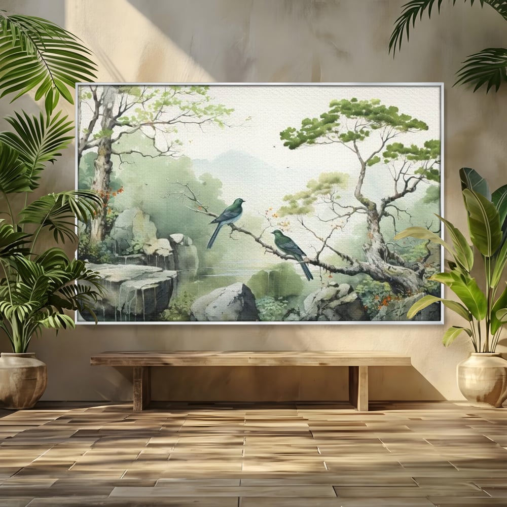 Tablou Canvas Premium, LuxCanva® M1050, Meditatie in Verde si Gri, Pasari, Pietre, Copaci, Munte, Meditatie, Liniste, Ceata, Zen, Natura, Peisaj, Birou, Living, Camera Copil