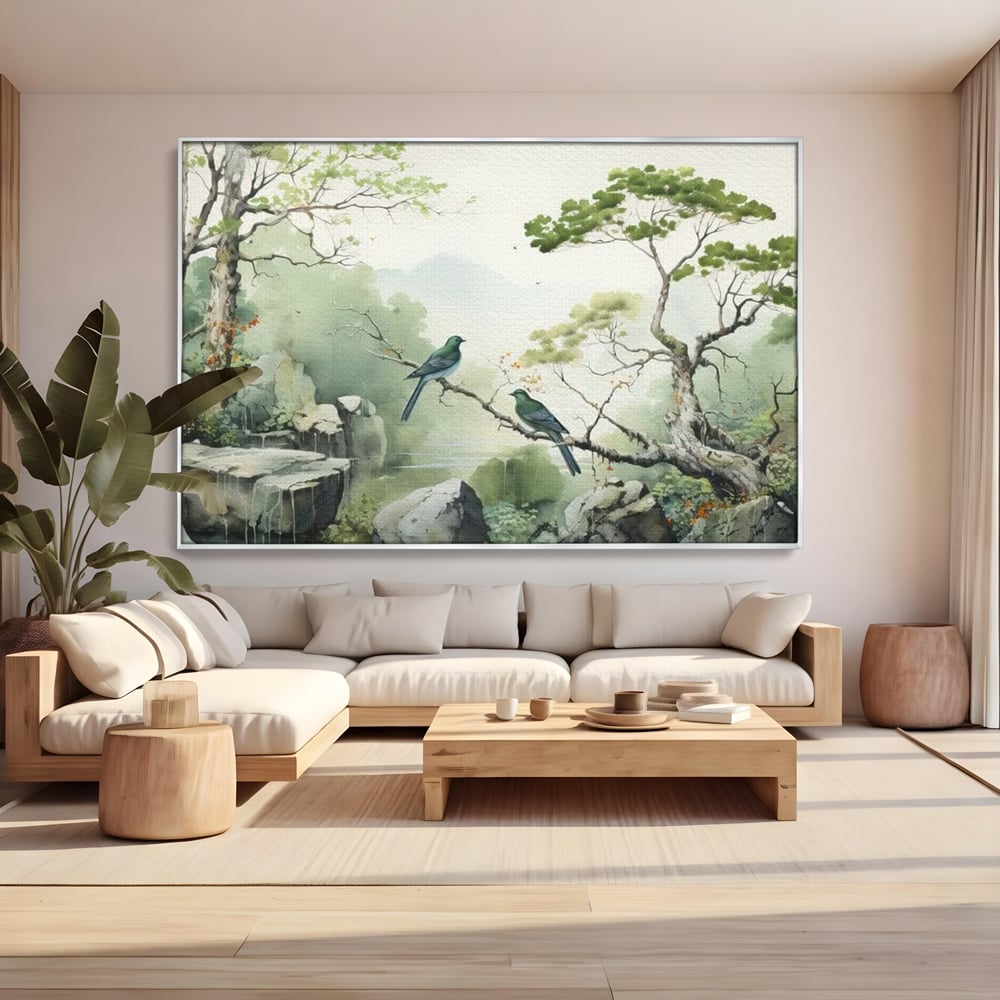 Tablou Canvas Premium, LuxCanva® M1050, Meditatie in Verde si Gri, Pasari, Pietre, Copaci, Munte, Meditatie, Liniste, Ceata, Zen, Natura, Peisaj, Birou, Living, Camera Copil