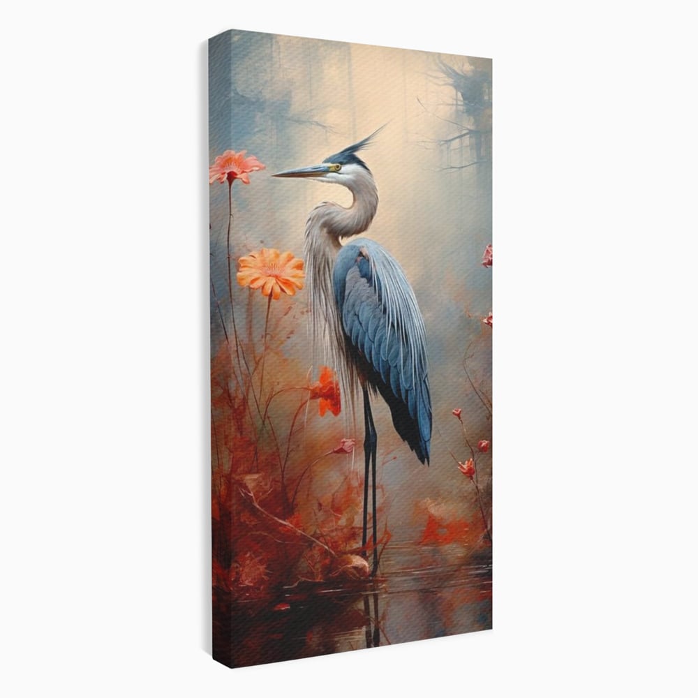 Tablou Canvas Premium, LuxCanva® M1051, Paznicul Mlastinii, Starc, Flori, Petale, Mlastina, Pasare, Eleganta, Solitudine, Pastel, Vertical, Inalt, Birou, Living, Camera Copil