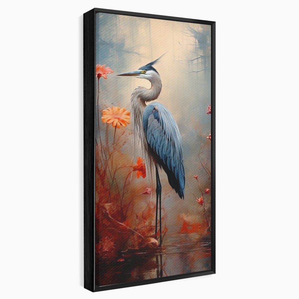 Tablou Canvas Premium, LuxCanva® M1051, Paznicul Mlastinii, Starc, Flori, Petale, Mlastina, Pasare, Eleganta, Solitudine, Pastel, Vertical, Inalt, Birou, Living, Camera Copil