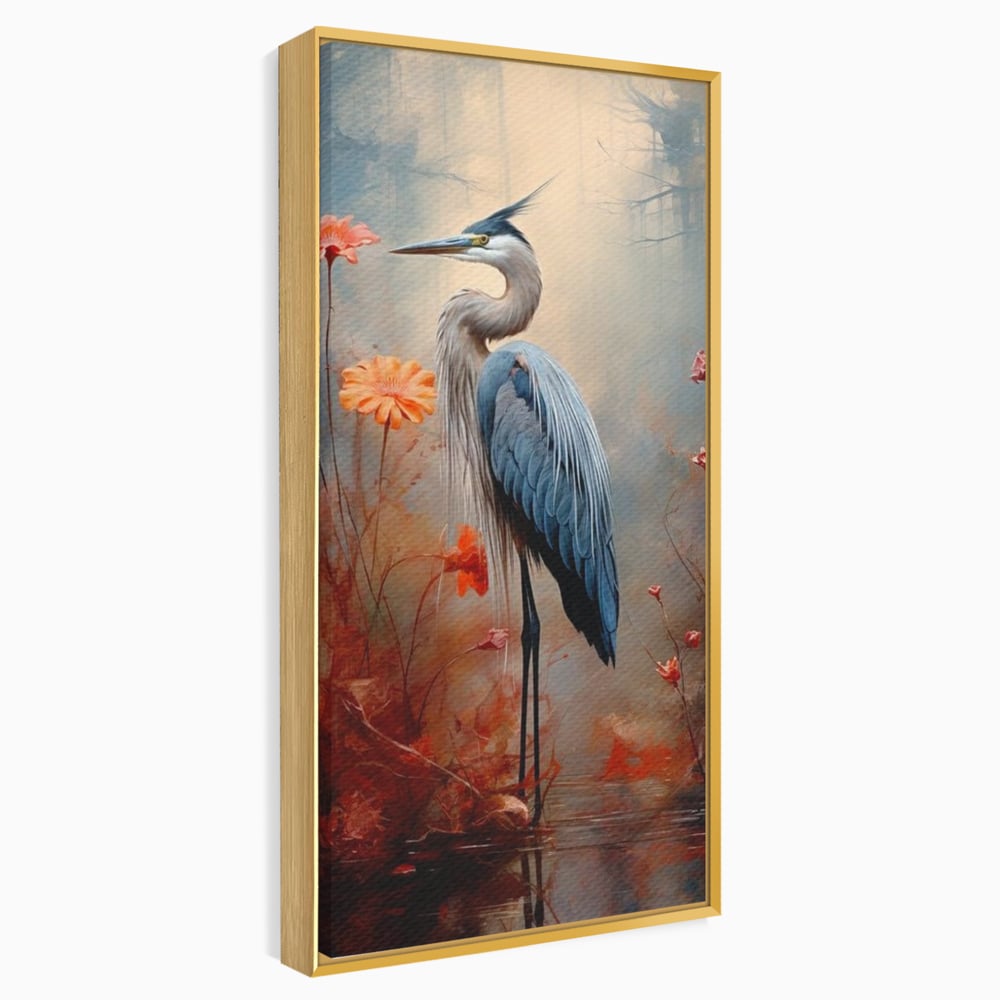 Tablou Canvas Premium, LuxCanva® M1051, Paznicul Mlastinii, Starc, Flori, Petale, Mlastina, Pasare, Eleganta, Solitudine, Pastel, Vertical, Inalt, Birou, Living, Camera Copil