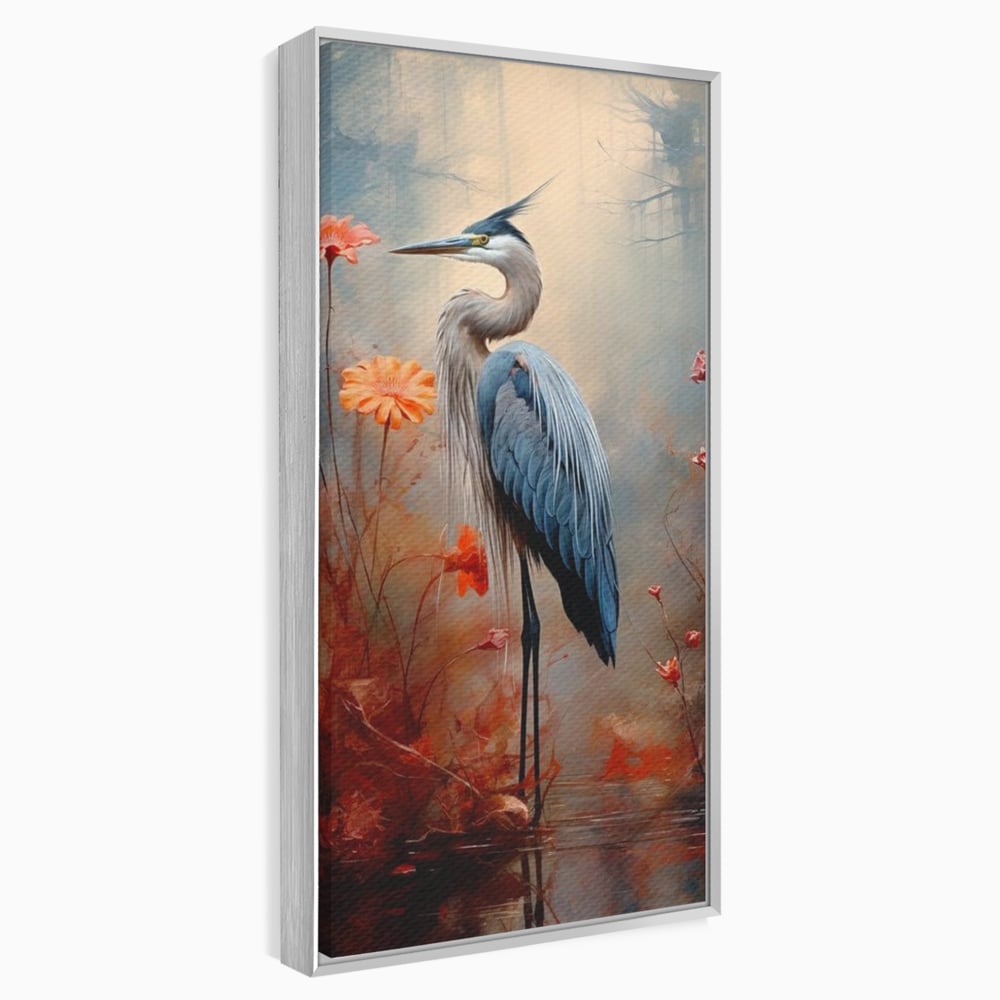 Tablou Canvas Premium, LuxCanva® M1051, Paznicul Mlastinii, Starc, Flori, Petale, Mlastina, Pasare, Eleganta, Solitudine, Pastel, Vertical, Inalt, Birou, Living, Camera Copil