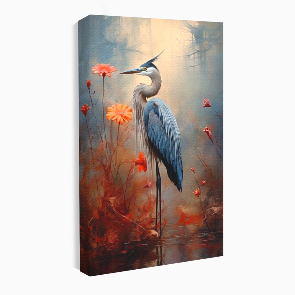 Tablou Canvas Premium, LuxCanva® M1051, Paznicul Mlastinii, Starc, Flori, Petale, Mlastina, Pasare, Eleganta, Solitudine, Pastel, Vertical, Inalt, Birou, Living, Camera Copil