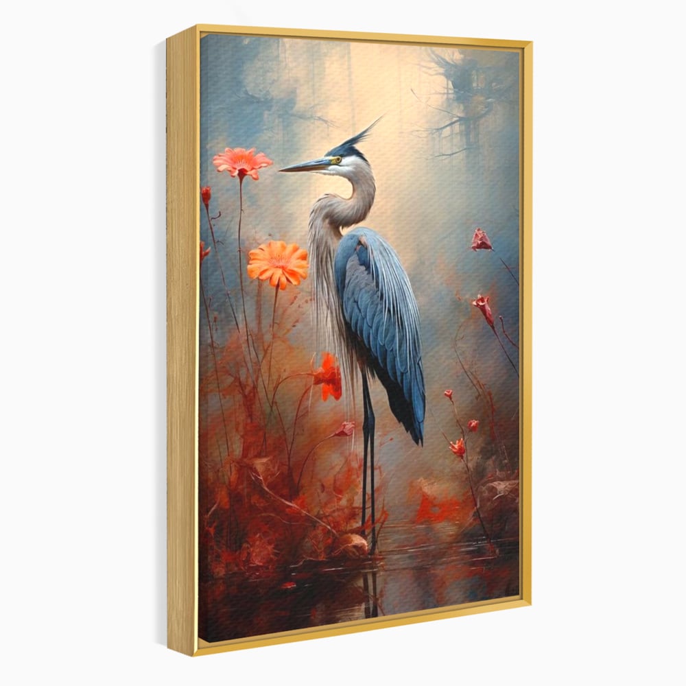Tablou Canvas Premium, LuxCanva® M1051, Paznicul Mlastinii, Starc, Flori, Petale, Mlastina, Pasare, Eleganta, Solitudine, Pastel, Vertical, Inalt, Birou, Living, Camera Copil