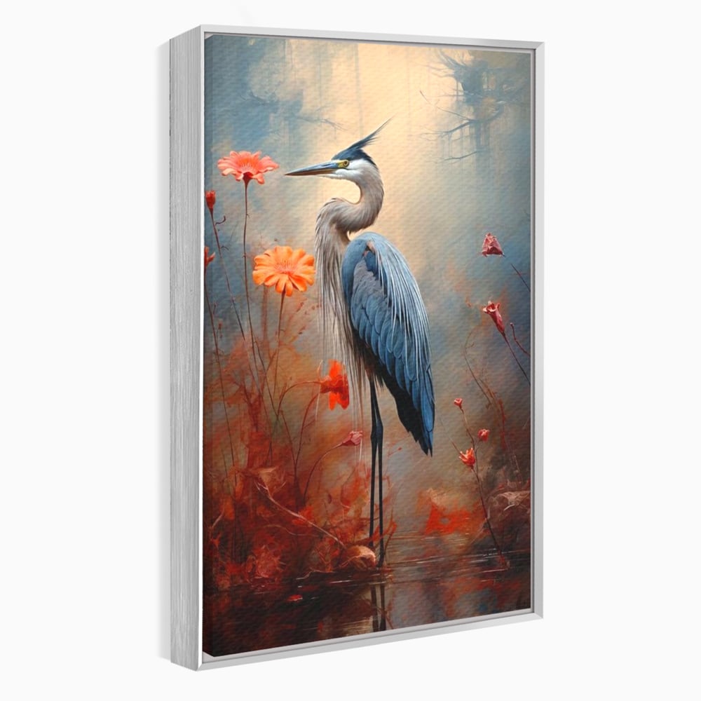 Tablou Canvas Premium, LuxCanva® M1051, Paznicul Mlastinii, Starc, Flori, Petale, Mlastina, Pasare, Eleganta, Solitudine, Pastel, Vertical, Inalt, Birou, Living, Camera Copil