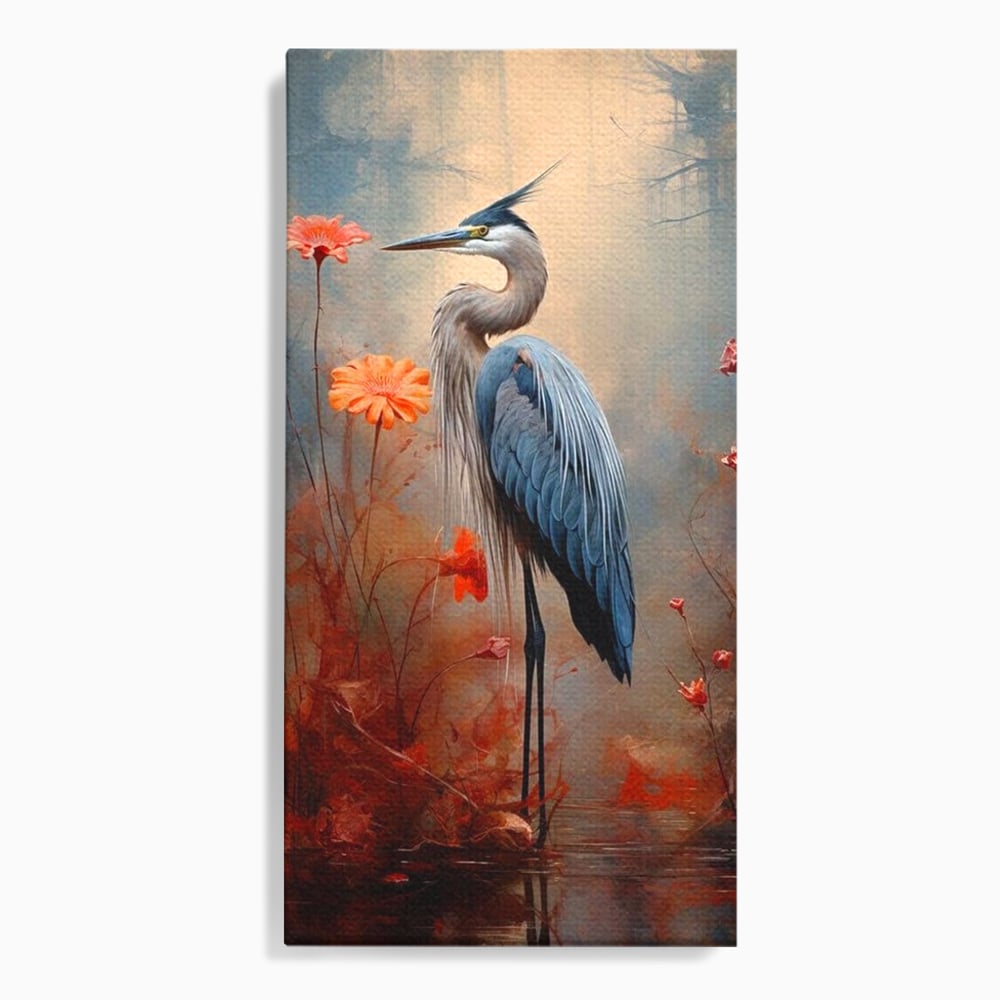 Tablou Canvas Premium, LuxCanva® M1051, Paznicul Mlastinii, Starc, Flori, Petale, Mlastina, Pasare, Eleganta, Solitudine, Pastel, Vertical, Inalt, Birou, Living, Camera Copil