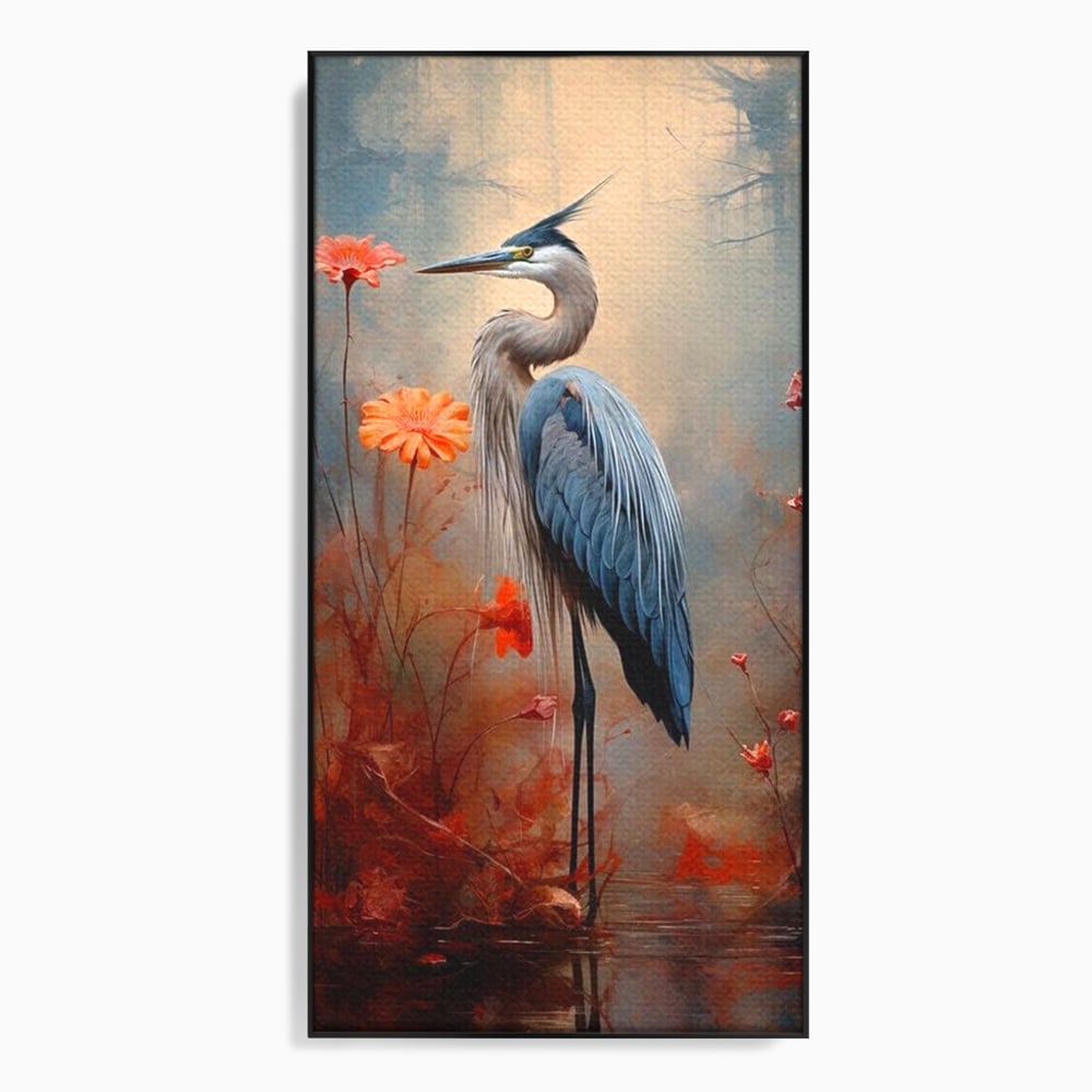 Tablou Canvas Premium, LuxCanva® M1051, Paznicul Mlastinii, Starc, Flori, Petale, Mlastina, Pasare, Eleganta, Solitudine, Pastel, Vertical, Inalt, Birou, Living, Camera Copil