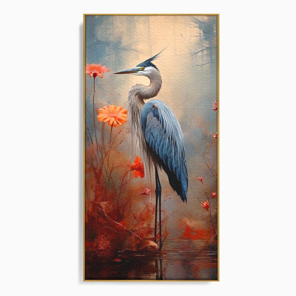 Tablou Canvas Premium, LuxCanva® M1051, Paznicul Mlastinii, Starc, Flori, Petale, Mlastina, Pasare, Eleganta, Solitudine, Pastel, Vertical, Inalt, Birou, Living, Camera Copil