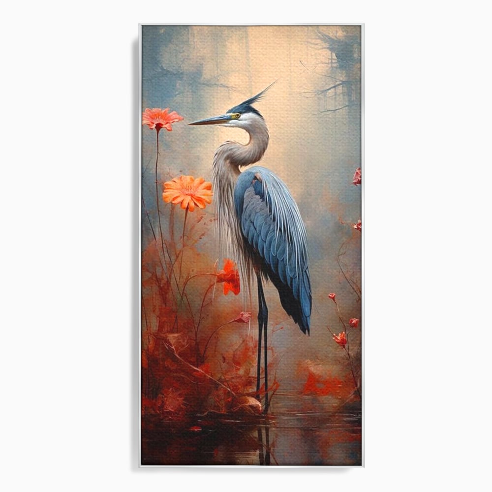Tablou Canvas Premium, LuxCanva® M1051, Paznicul Mlastinii, Starc, Flori, Petale, Mlastina, Pasare, Eleganta, Solitudine, Pastel, Vertical, Inalt, Birou, Living, Camera Copil