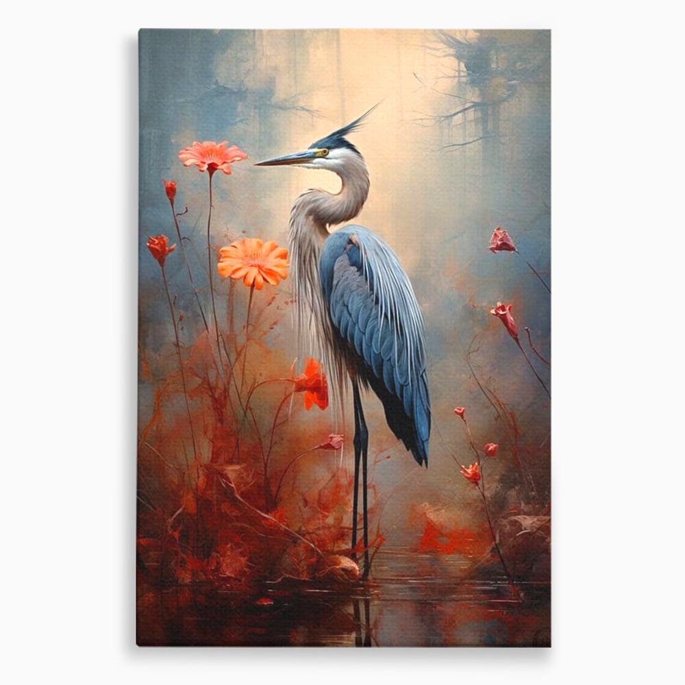 Tablou Canvas Premium, LuxCanva® M1051, Paznicul Mlastinii, Starc, Flori, Petale, Mlastina, Pasare, Eleganta, Solitudine, Pastel, Vertical, Inalt, Birou, Living, Camera Copil
