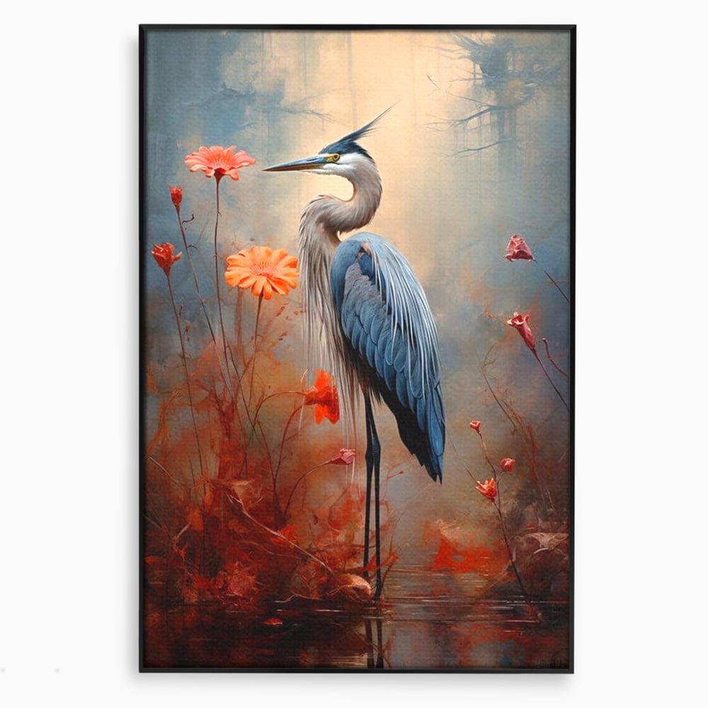 Tablou Canvas Premium, LuxCanva® M1051, Paznicul Mlastinii, Starc, Flori, Petale, Mlastina, Pasare, Eleganta, Solitudine, Pastel, Vertical, Inalt, Birou, Living, Camera Copil