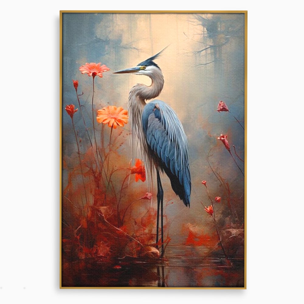 Tablou Canvas Premium, LuxCanva® M1051, Paznicul Mlastinii, Starc, Flori, Petale, Mlastina, Pasare, Eleganta, Solitudine, Pastel, Vertical, Inalt, Birou, Living, Camera Copil