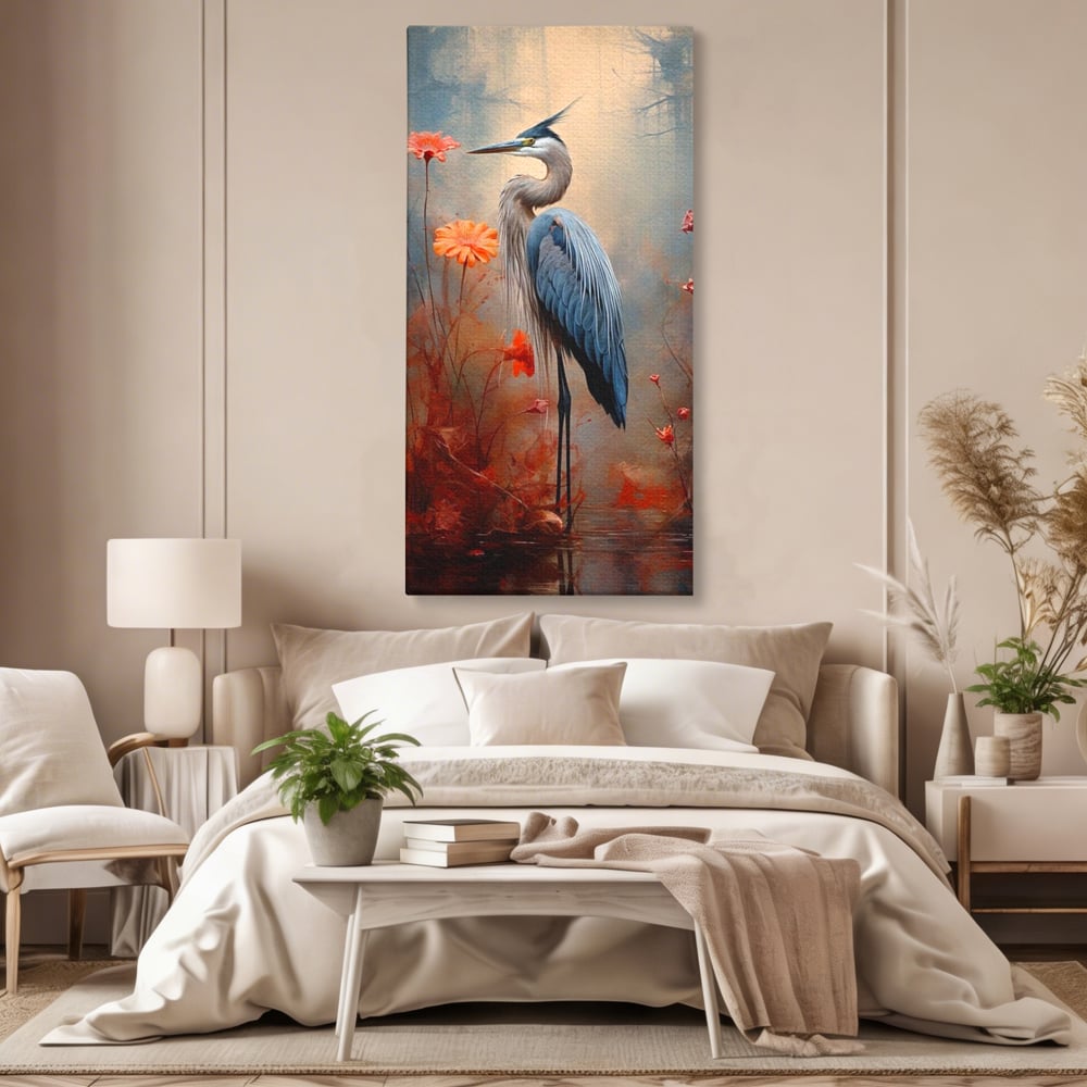 Tablou Canvas Premium, LuxCanva® M1051, Paznicul Mlastinii, Starc, Flori, Petale, Mlastina, Pasare, Eleganta, Solitudine, Pastel, Vertical, Inalt, Birou, Living, Camera Copil