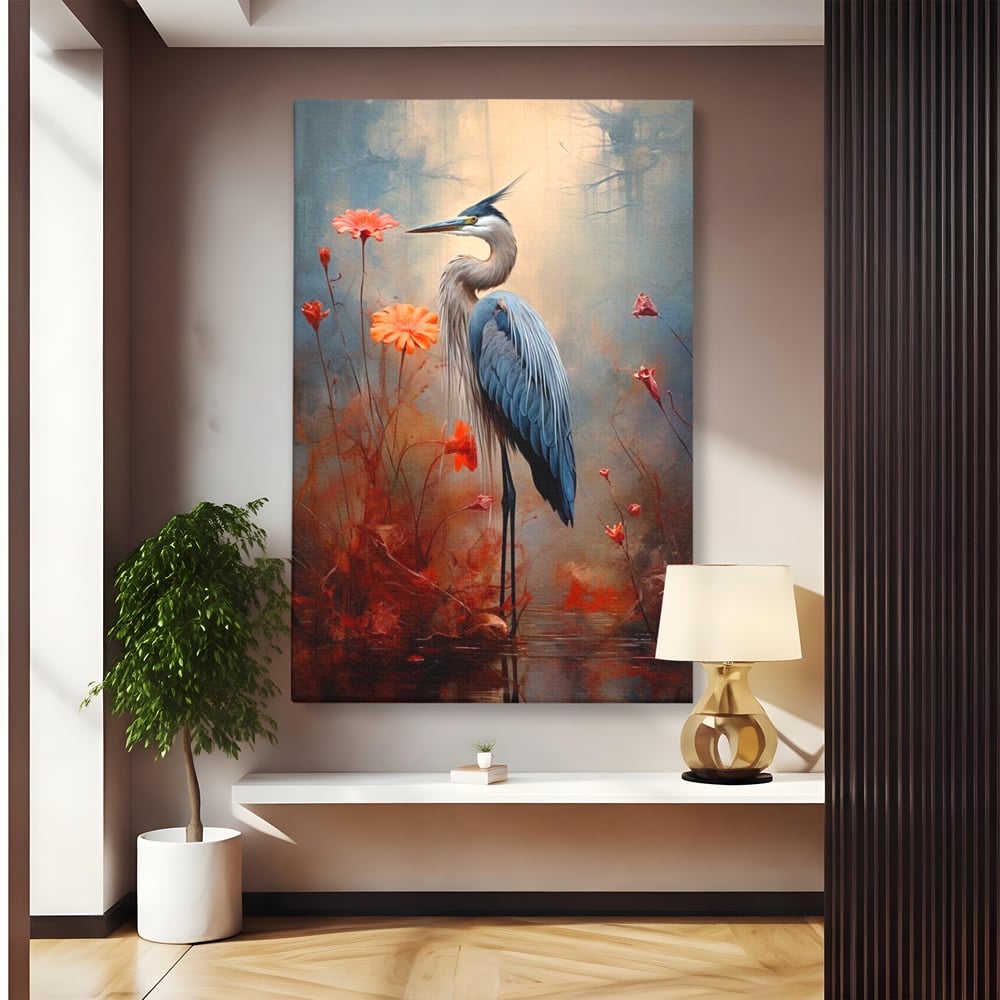 Tablou Canvas Premium, LuxCanva® M1051, Paznicul Mlastinii, Starc, Flori, Petale, Mlastina, Pasare, Eleganta, Solitudine, Pastel, Vertical, Inalt, Birou, Living, Camera Copil