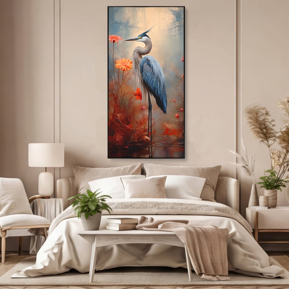 Tablou Canvas Premium, LuxCanva® M1051, Paznicul Mlastinii, Starc, Flori, Petale, Mlastina, Pasare, Eleganta, Solitudine, Pastel, Vertical, Inalt, Birou, Living, Camera Copil