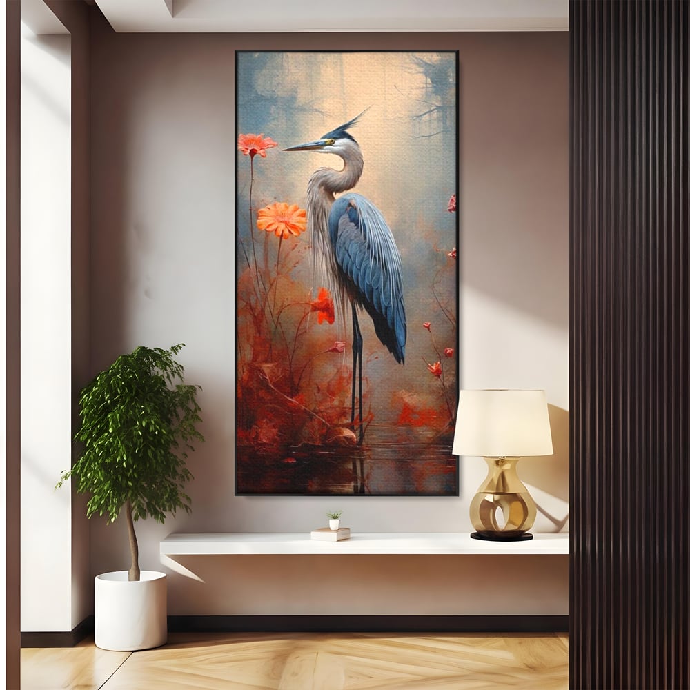 Tablou Canvas Premium, LuxCanva® M1051, Paznicul Mlastinii, Starc, Flori, Petale, Mlastina, Pasare, Eleganta, Solitudine, Pastel, Vertical, Inalt, Birou, Living, Camera Copil