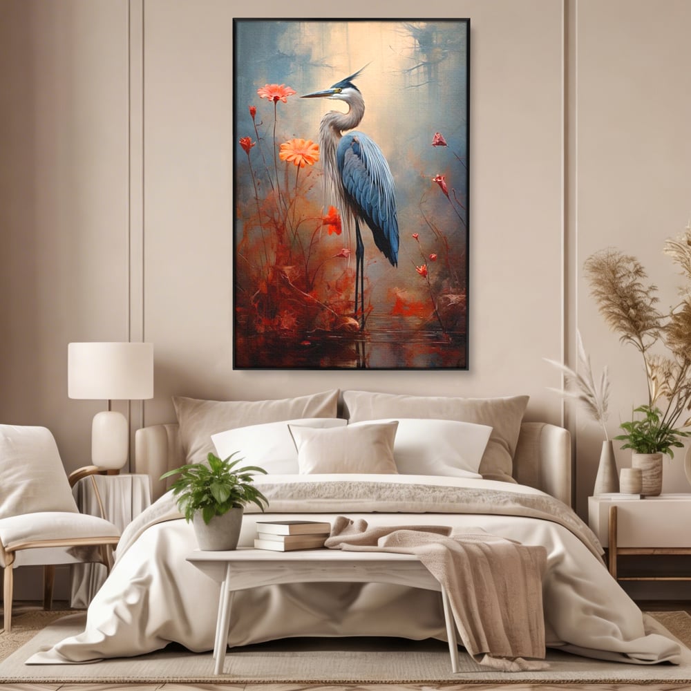 Tablou Canvas Premium, LuxCanva® M1051, Paznicul Mlastinii, Starc, Flori, Petale, Mlastina, Pasare, Eleganta, Solitudine, Pastel, Vertical, Inalt, Birou, Living, Camera Copil