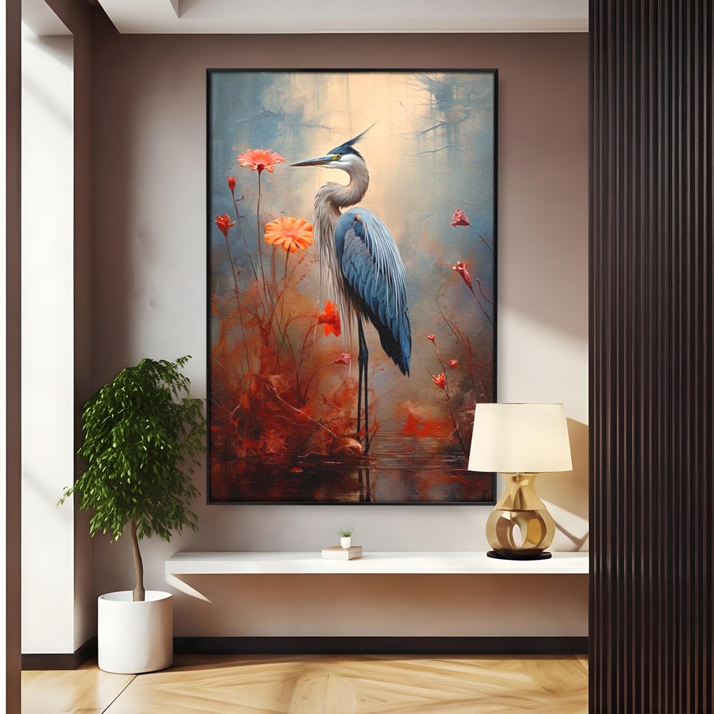 Tablou Canvas Premium, LuxCanva® M1051, Paznicul Mlastinii, Starc, Flori, Petale, Mlastina, Pasare, Eleganta, Solitudine, Pastel, Vertical, Inalt, Birou, Living, Camera Copil