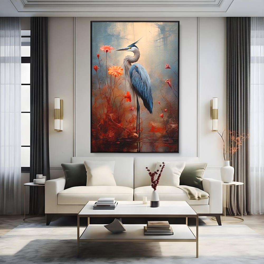 Tablou Canvas Premium, LuxCanva® M1051, Paznicul Mlastinii, Starc, Flori, Petale, Mlastina, Pasare, Eleganta, Solitudine, Pastel, Vertical, Inalt, Birou, Living, Camera Copil