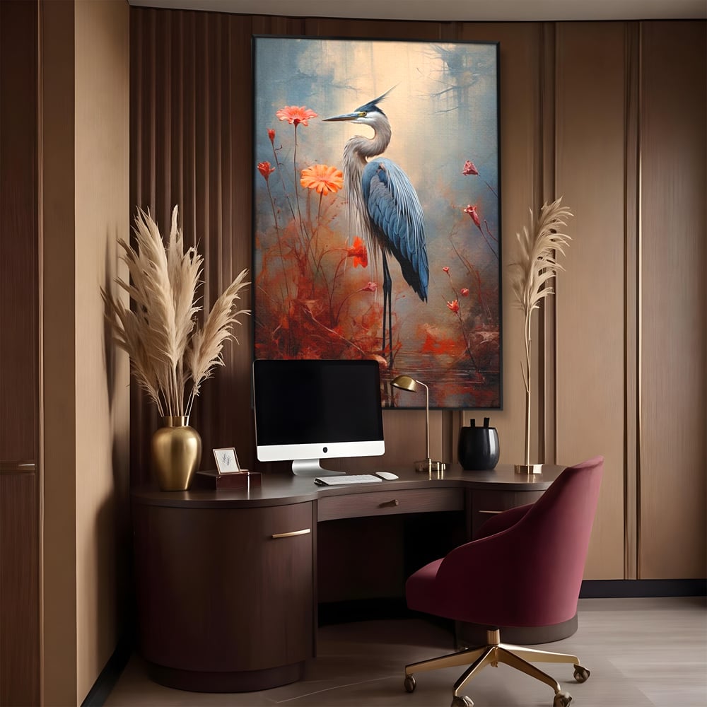 Tablou Canvas Premium, LuxCanva® M1051, Paznicul Mlastinii, Starc, Flori, Petale, Mlastina, Pasare, Eleganta, Solitudine, Pastel, Vertical, Inalt, Birou, Living, Camera Copil