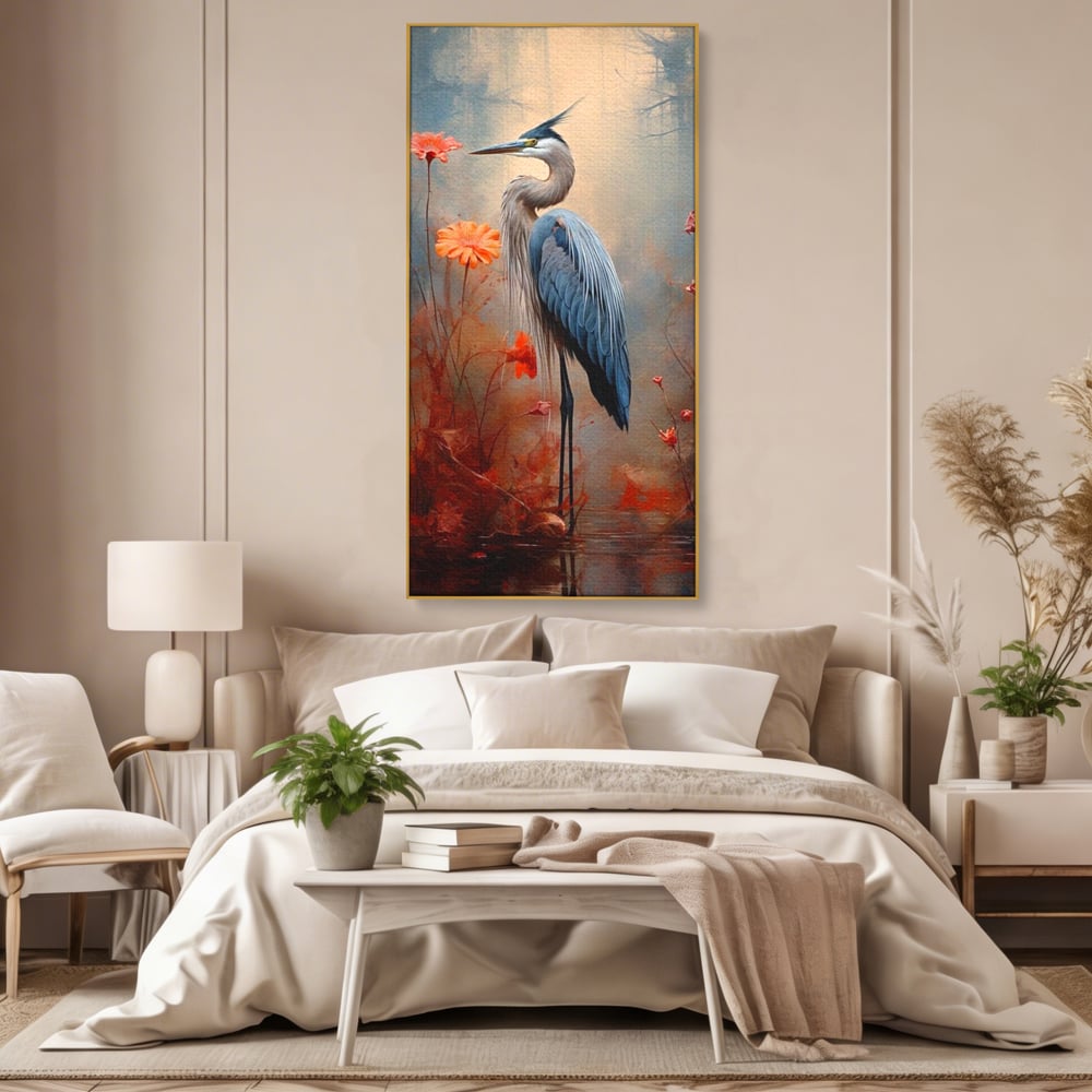 Tablou Canvas Premium, LuxCanva® M1051, Paznicul Mlastinii, Starc, Flori, Petale, Mlastina, Pasare, Eleganta, Solitudine, Pastel, Vertical, Inalt, Birou, Living, Camera Copil