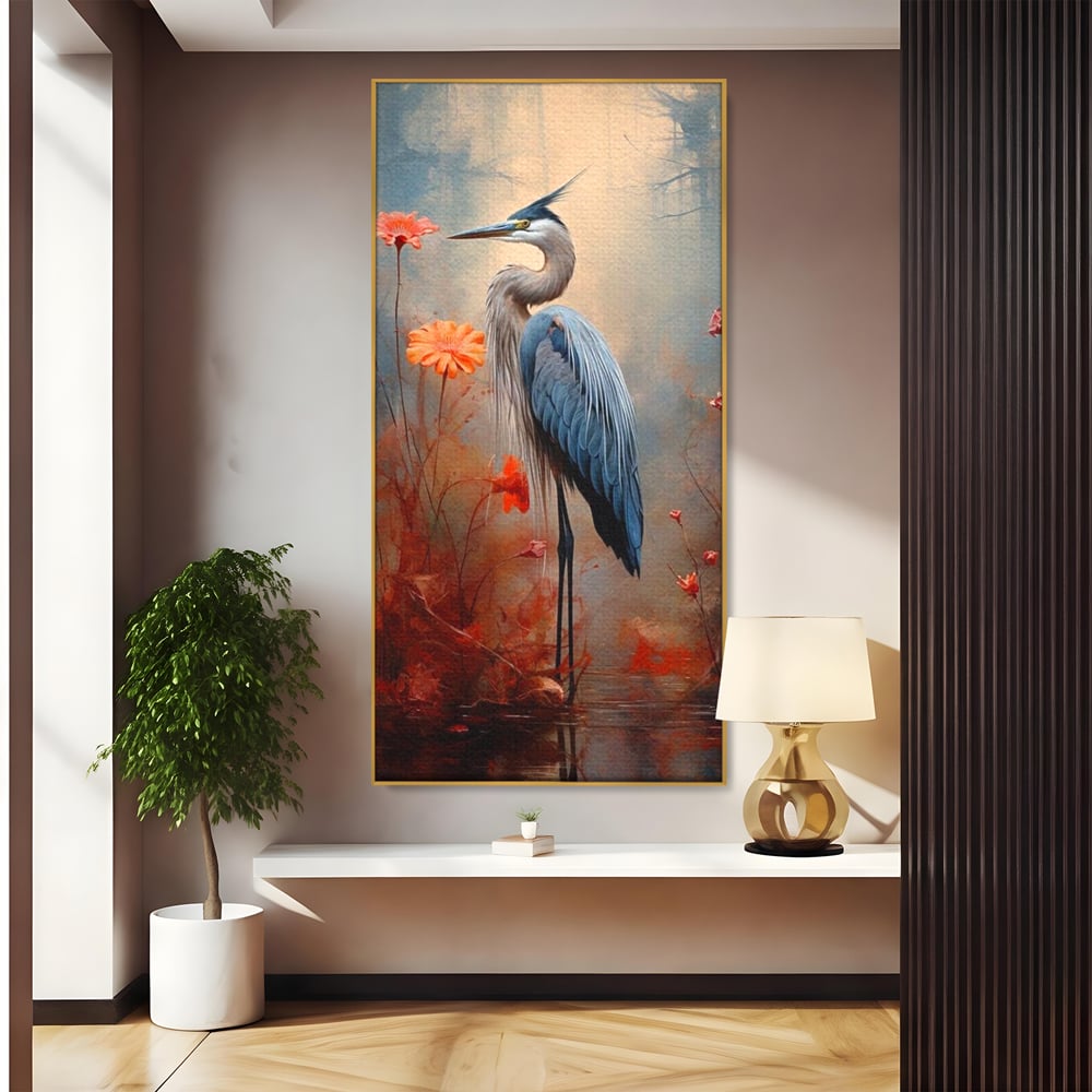 Tablou Canvas Premium, LuxCanva® M1051, Paznicul Mlastinii, Starc, Flori, Petale, Mlastina, Pasare, Eleganta, Solitudine, Pastel, Vertical, Inalt, Birou, Living, Camera Copil