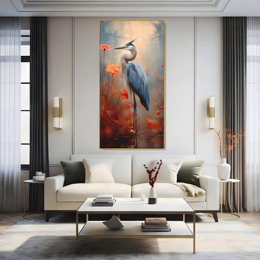 Tablou Canvas Premium, LuxCanva® M1051, Paznicul Mlastinii, Starc, Flori, Petale, Mlastina, Pasare, Eleganta, Solitudine, Pastel, Vertical, Inalt, Birou, Living, Camera Copil