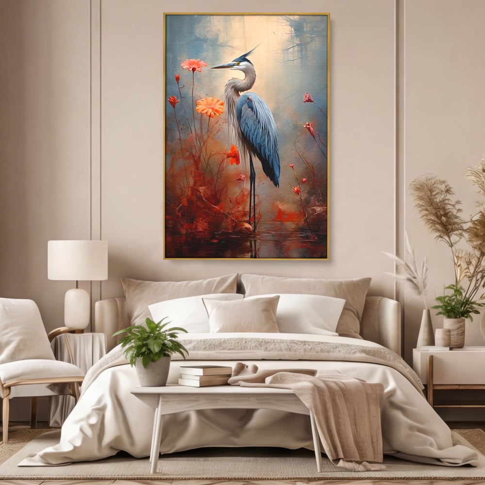 Tablou Canvas Premium, LuxCanva® M1051, Paznicul Mlastinii, Starc, Flori, Petale, Mlastina, Pasare, Eleganta, Solitudine, Pastel, Vertical, Inalt, Birou, Living, Camera Copil