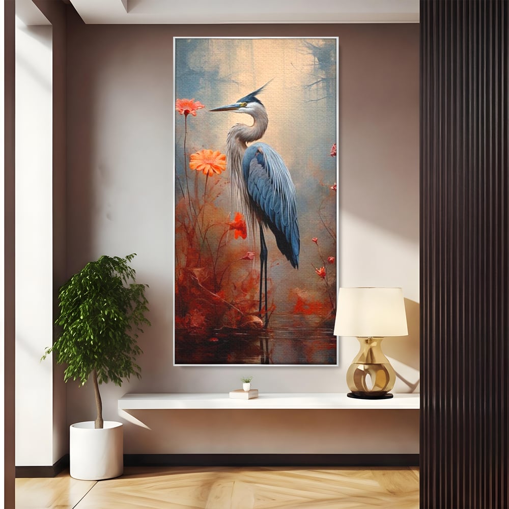 Tablou Canvas Premium, LuxCanva® M1051, Paznicul Mlastinii, Starc, Flori, Petale, Mlastina, Pasare, Eleganta, Solitudine, Pastel, Vertical, Inalt, Birou, Living, Camera Copil