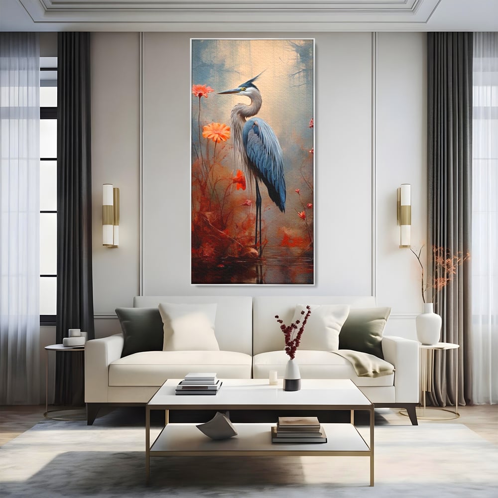 Tablou Canvas Premium, LuxCanva® M1051, Paznicul Mlastinii, Starc, Flori, Petale, Mlastina, Pasare, Eleganta, Solitudine, Pastel, Vertical, Inalt, Birou, Living, Camera Copil